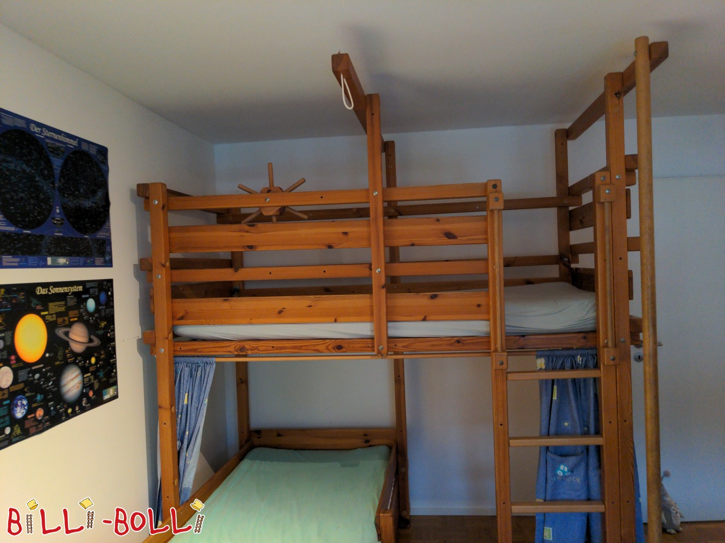 Geölt Fichte-Loftbett mat Ëmrüstungsset fir e Stockbett + Accessoiren zu Konstanz (Kategorie: Loftbett mat Armaufleeën a Leeder, gebraucht)