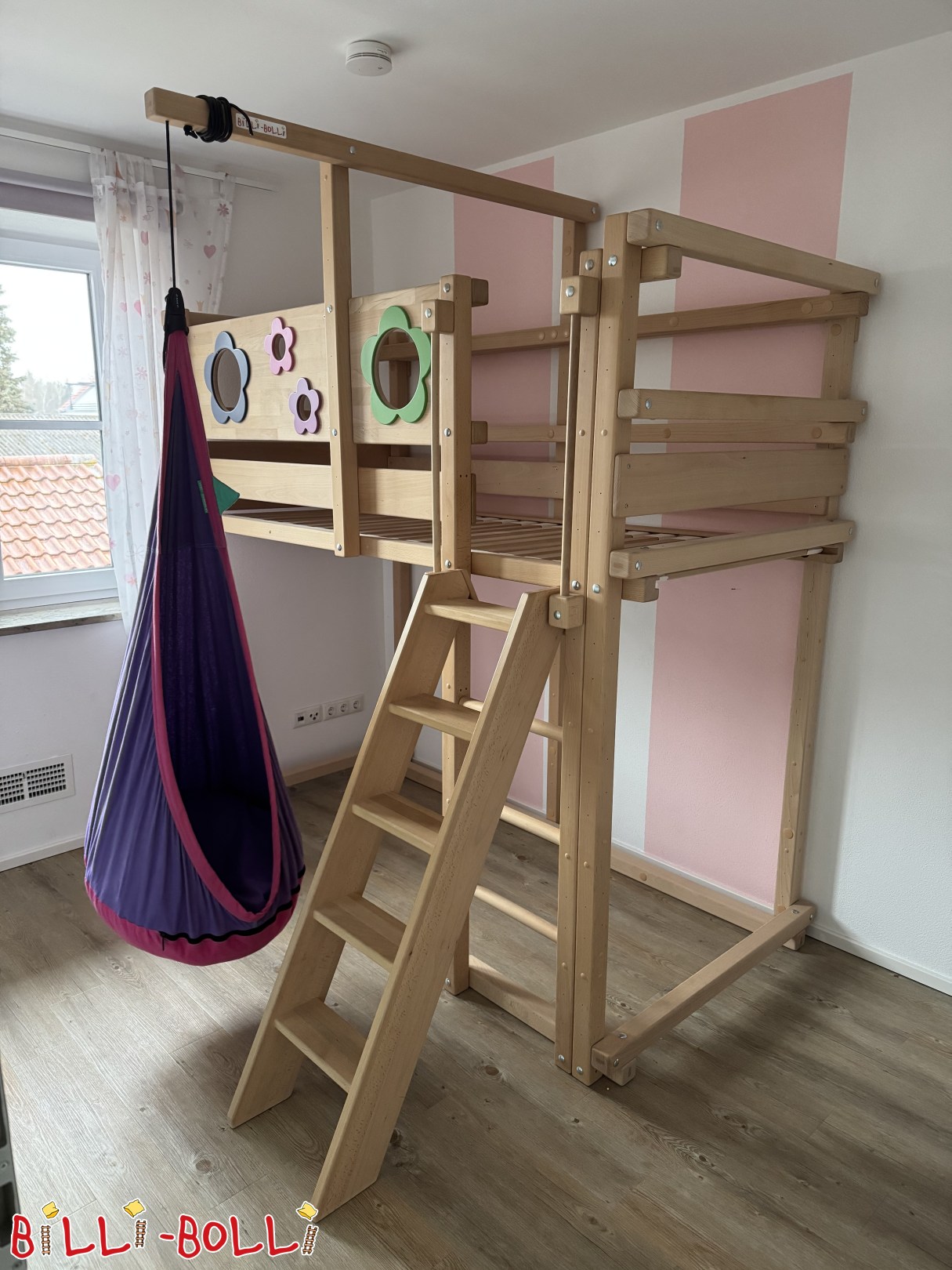 Loft bed with flower themed boards, natural beech, sloping ladder, hanging cave (Category: Loft Bed Adjustable by Age pre-owned)