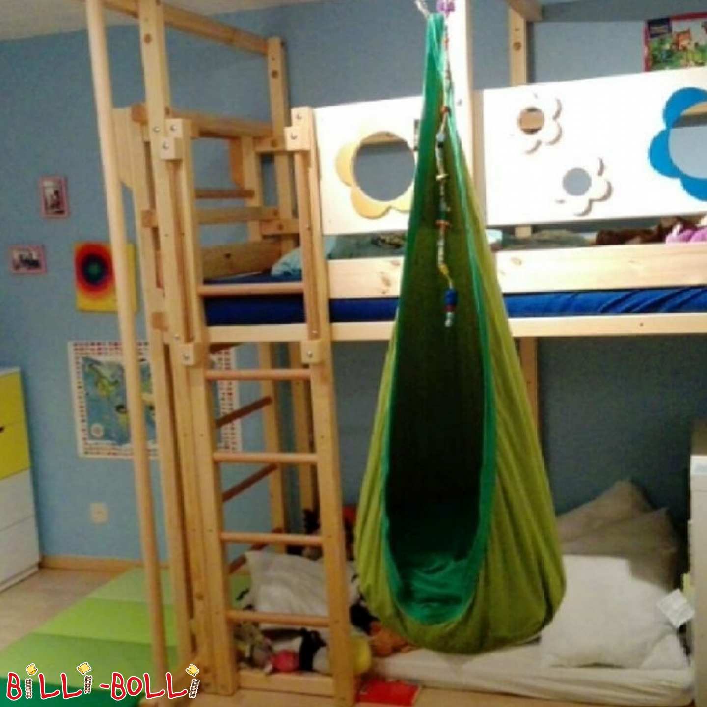Loft bed with firefighter's pole and flower boards (Category: second hand loft bed)
