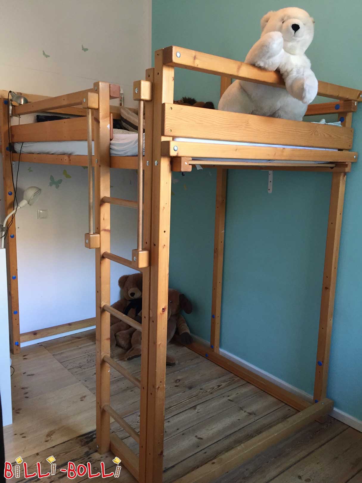 Loft bed with ruffle tower, 120 x 200 cm, spruce, oiled-waxed (Category: second hand loft bed)