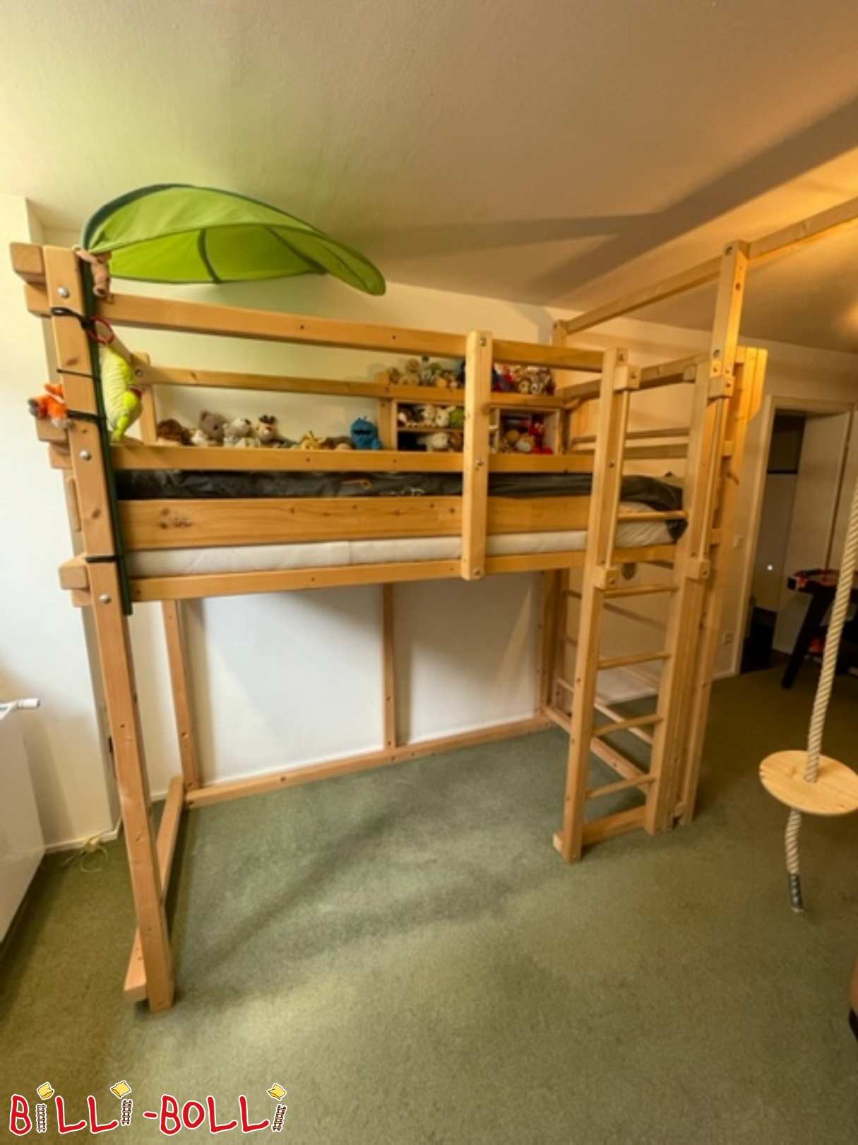 Loft bed with swing and wall bars, spruce untreated 90 x 200 cm (Category: Loft Bed Adjustable by Age pre-owned)