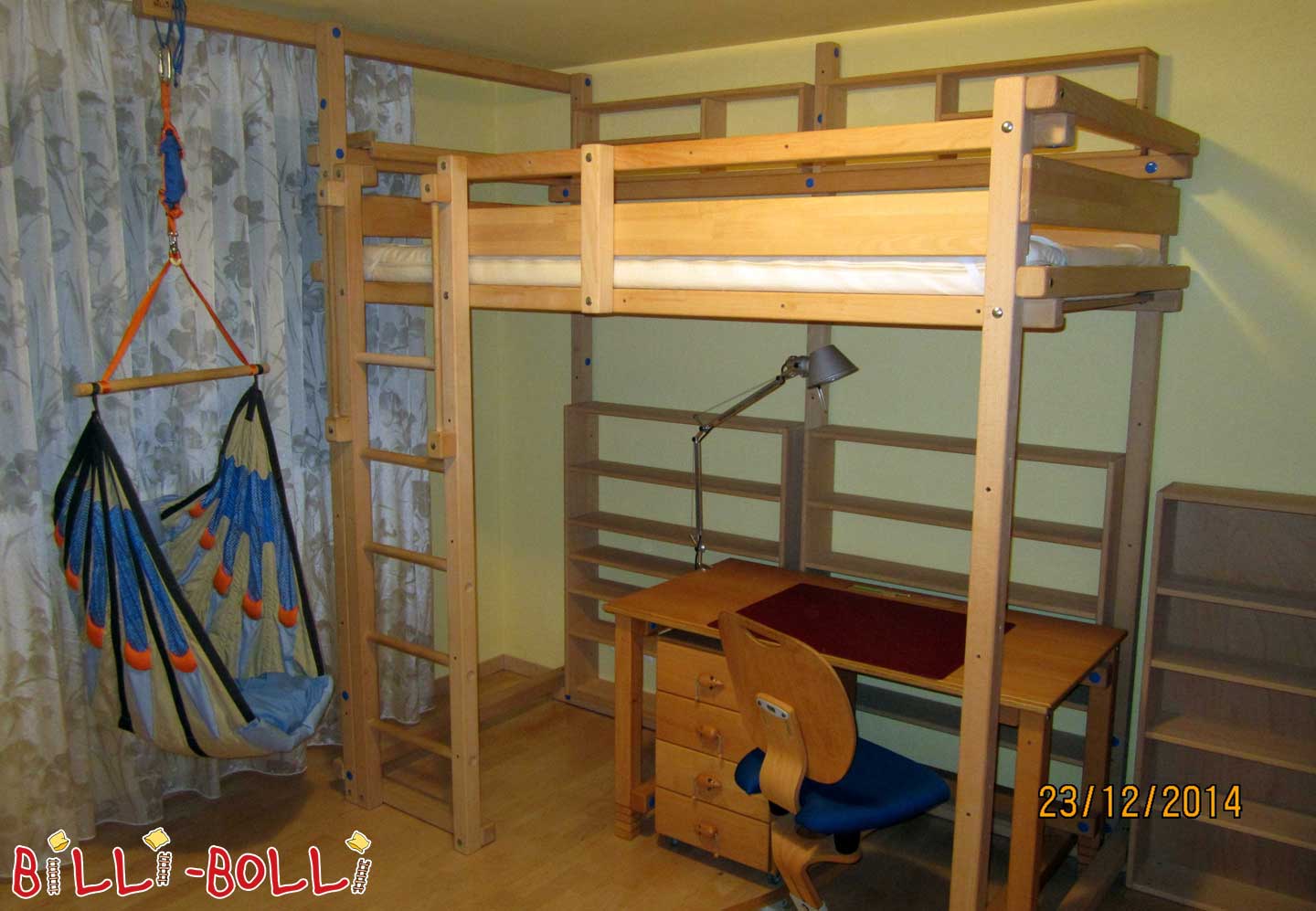 मचान बिस्तर जो बच्चे के साथ बढ़ता है, 100 x 200 सेमी, अनुपचारित बीच (कोटि: मचान बिस्तर का इस्तेमाल किया)