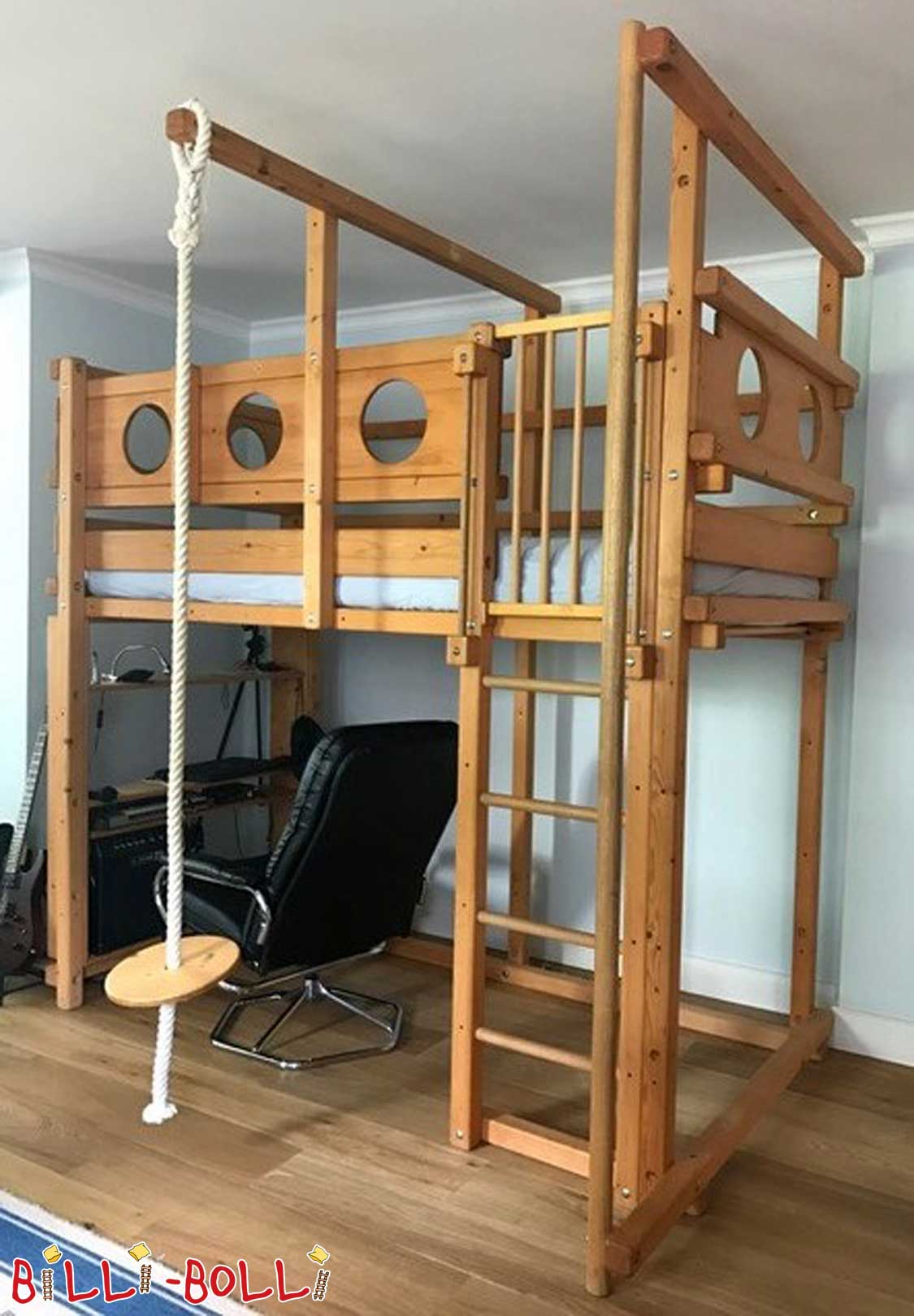 Loft bed growing with you, 100 x 200 cm, spruce honey-coloured oiled (Category: second hand loft bed)