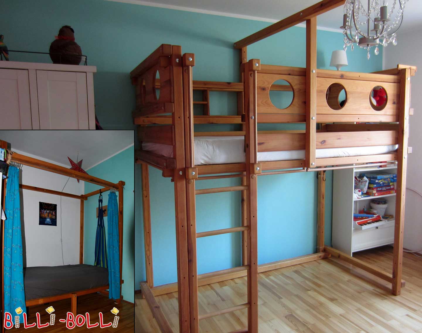 Krevet u potkrovlju koji raste s djetetom, 100 x 200 cm, nauljeni bor boje meda (Kategorija: Korišten krevet u potkrovlju)