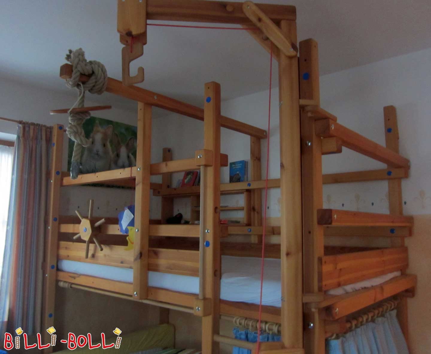 LOFT BED growing with you, 100 x 200 cm, pine honey-coloured oiled (Category: second hand loft bed)