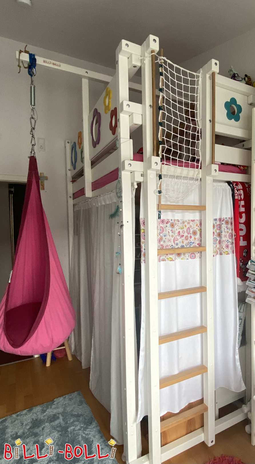 Loft bed growing with the child, 100 x 200 cm with flower boards, white lacquered (Category: Loft Bed Adjustable by Age pre-owned)