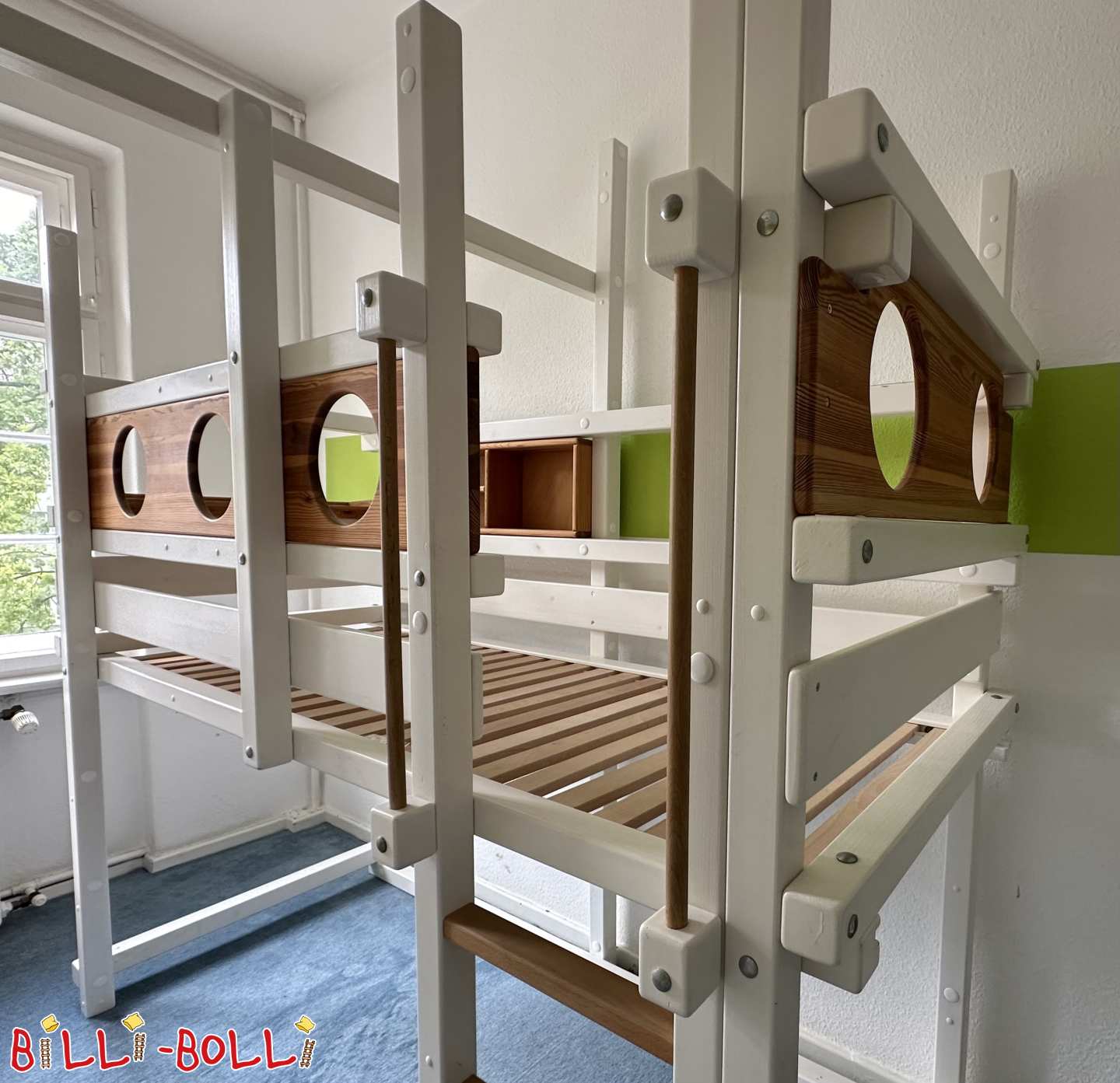 Loft bed that grows with the child, 80x200, with portholes, bedside table and shelf (Category: Loft Bed Adjustable by Age pre-owned)