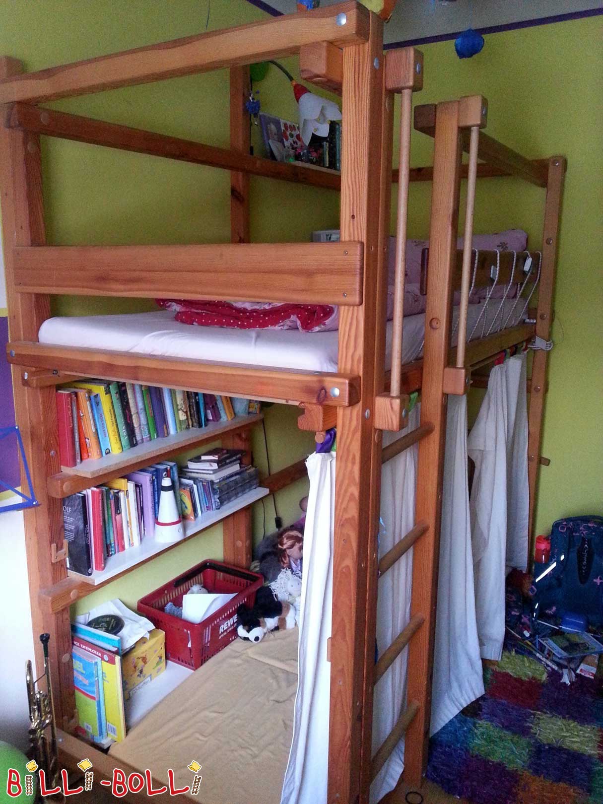 Tempat tidur loteng yang tumbuh bersama anak, 90 x 200 cm, kayu pinus yang diminyaki dengan lilin (Kategori: Tempat tidur loteng digunakan)