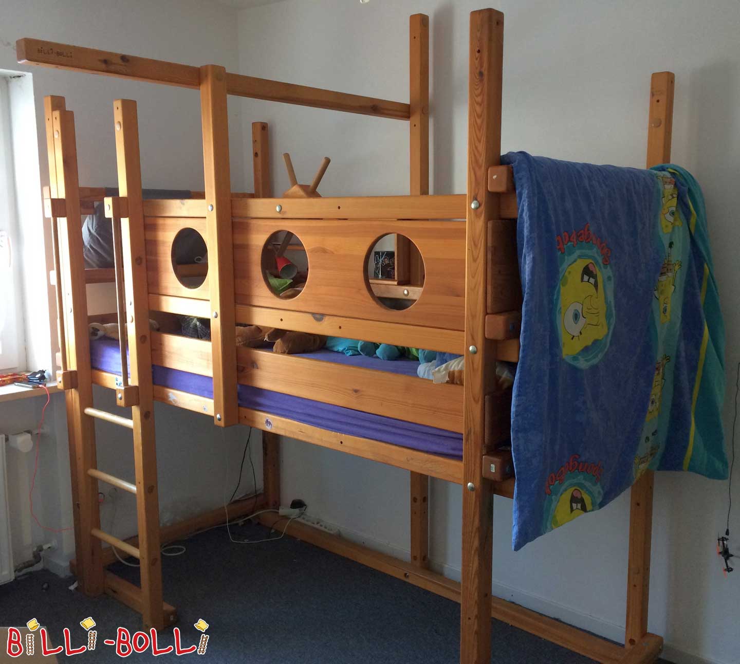 Loft bed that grows with the child, 90 x 200 cm, honey-coloured oiled pine (Category: second hand loft bed)