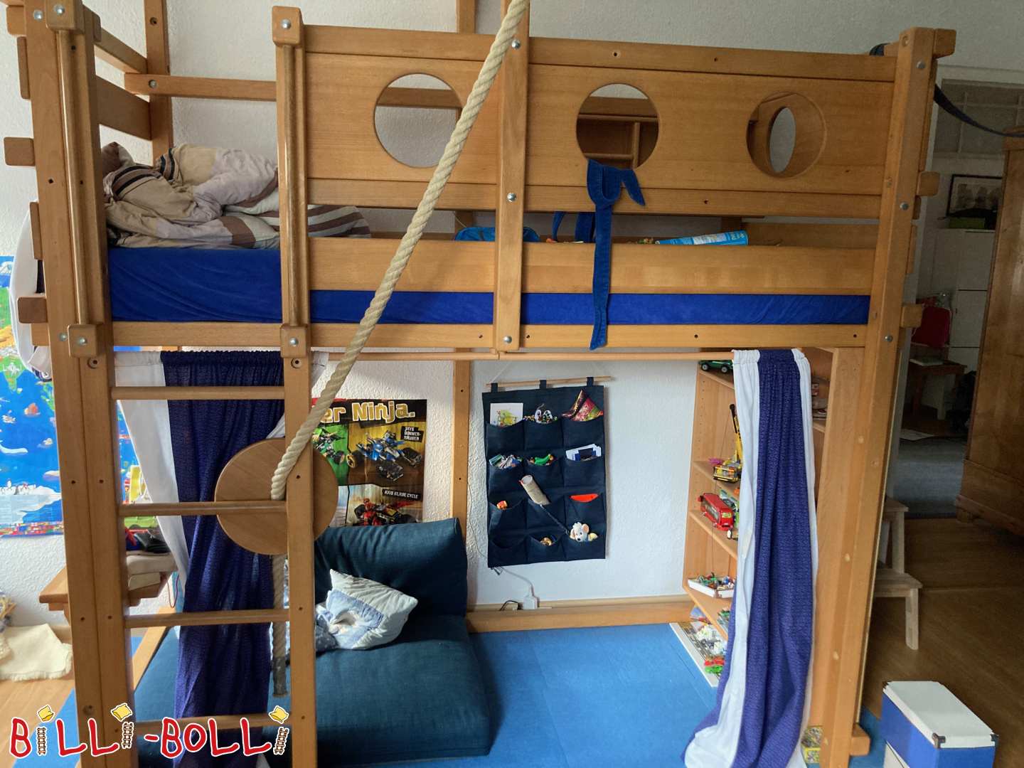मचान बिस्तर जो आपके साथ बढ़ता है, 90x200, बीच, बहुत सारे सामान के साथ, महान स्थिति में (श्रेणी: मचान बिस्तर जो बच्चे के साथ बढ़ता है प्रयुक्त)