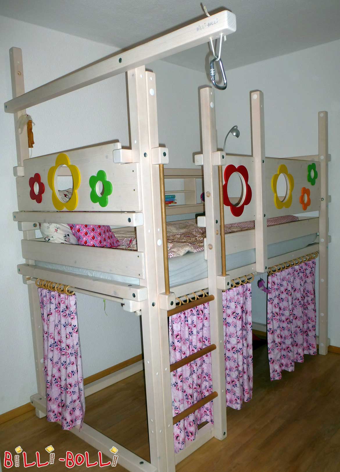 Loft bed grows with the child, white glazed spruce with flower boards (Category: second hand loft bed)