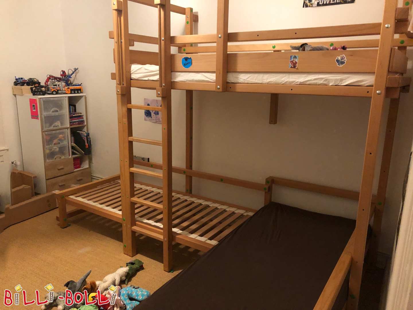 ৩ জন শিশুর জন্য শিশুদের বিছানা, তেল মাখানো বিচ কাঠ দিয়ে তৈরি, বাঙ্ক বিছানা সহ L-আকৃতির (বিভাগ: ত্রিপল বাঙ্ক বিছানা ব্যবহৃত)