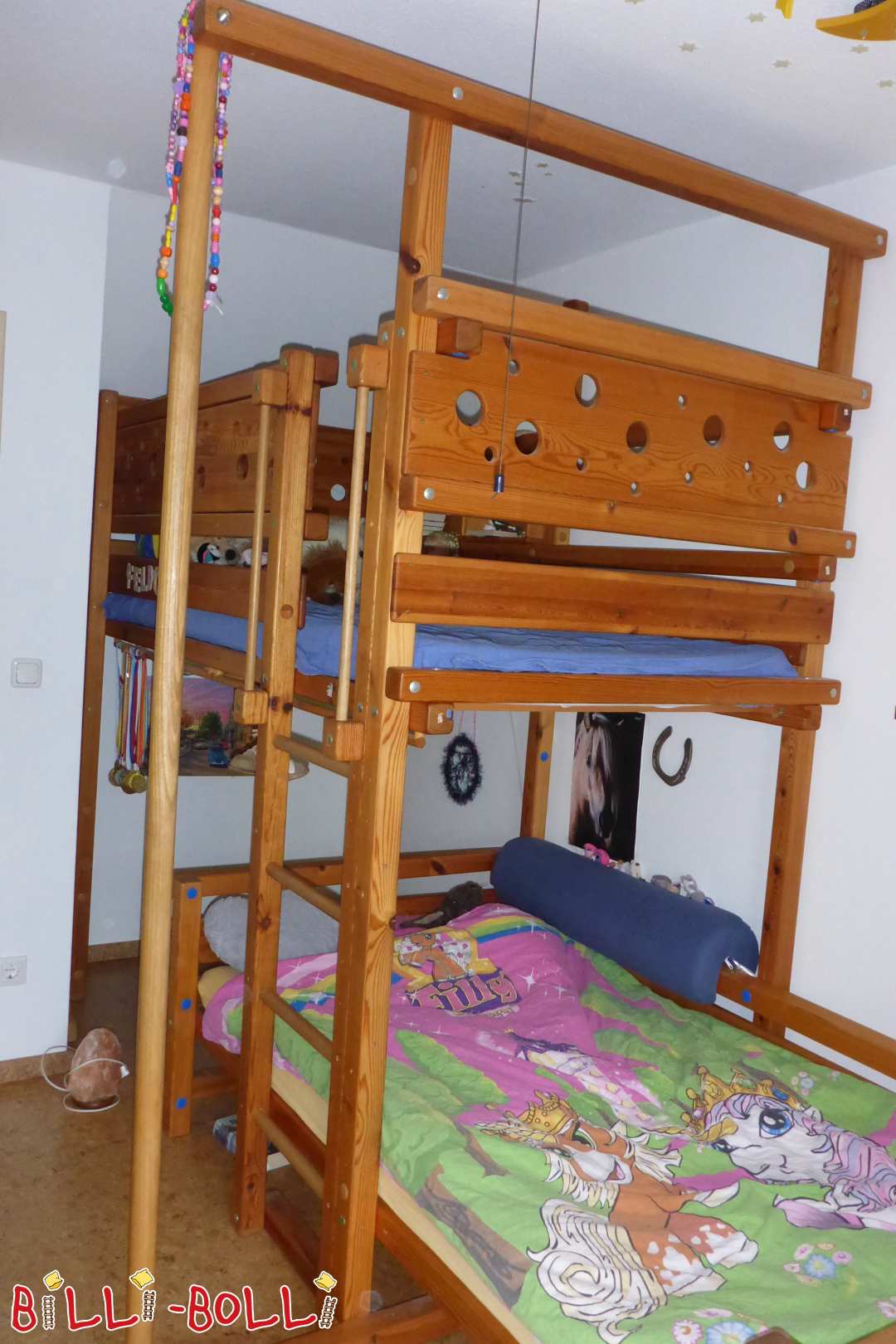 Mitw. Loftová posteľ, dosky na myši, olejovaná borovica, hasičská tyč, 100x200 (Kategória: Vysoká posteľ rastúca s dieťaťom used)