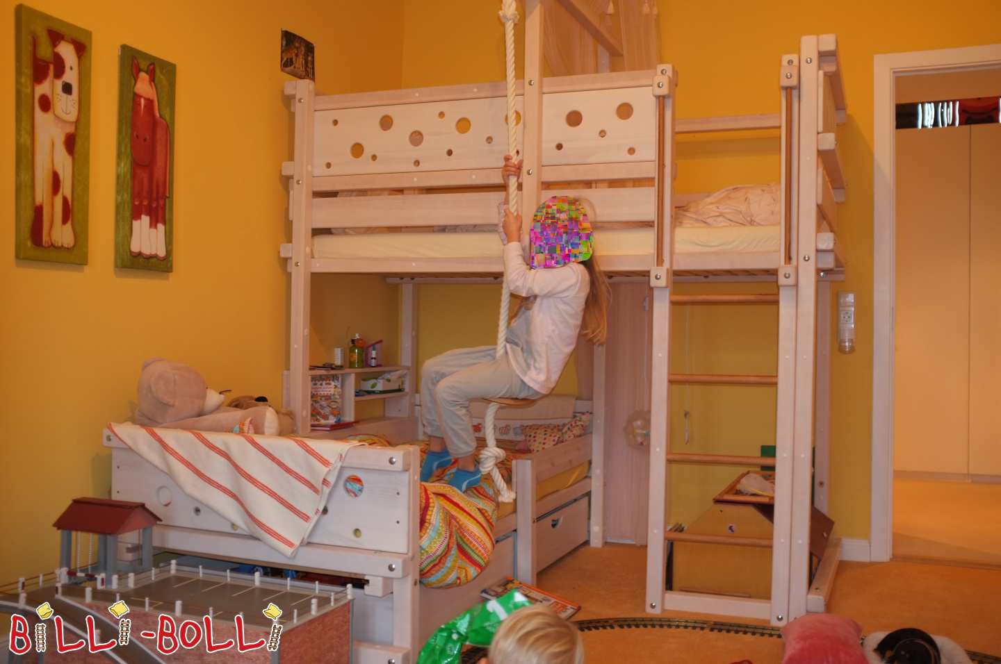 Growing corner bunk bed with mice-themed boards and swing (Category: Accessories/extension parts pre-owned)