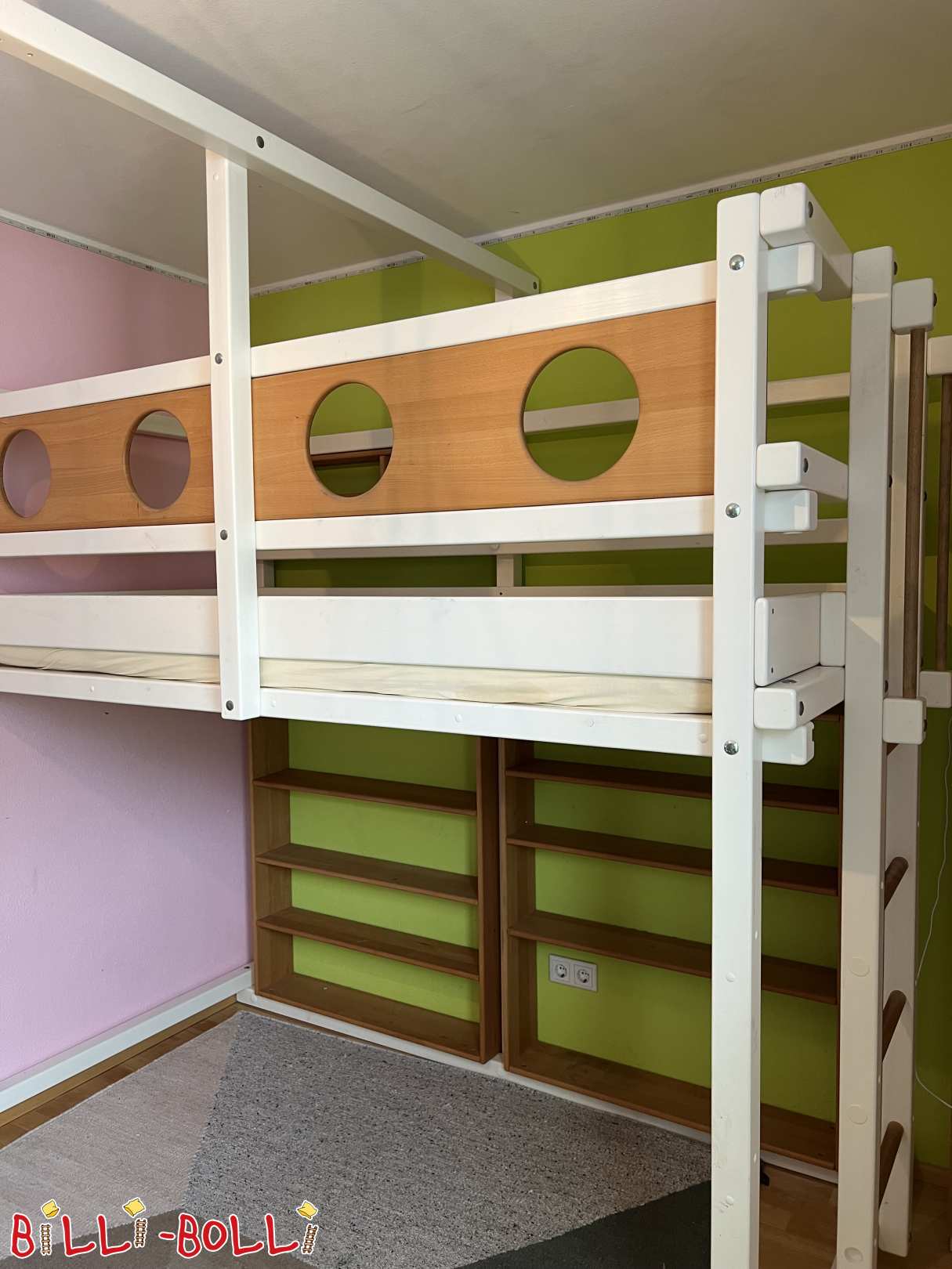 Loft bed that grows with the child, 100x200 cm, white lacquered pine and oiled beech (Category: Loft Bed Adjustable by Age pre-owned)