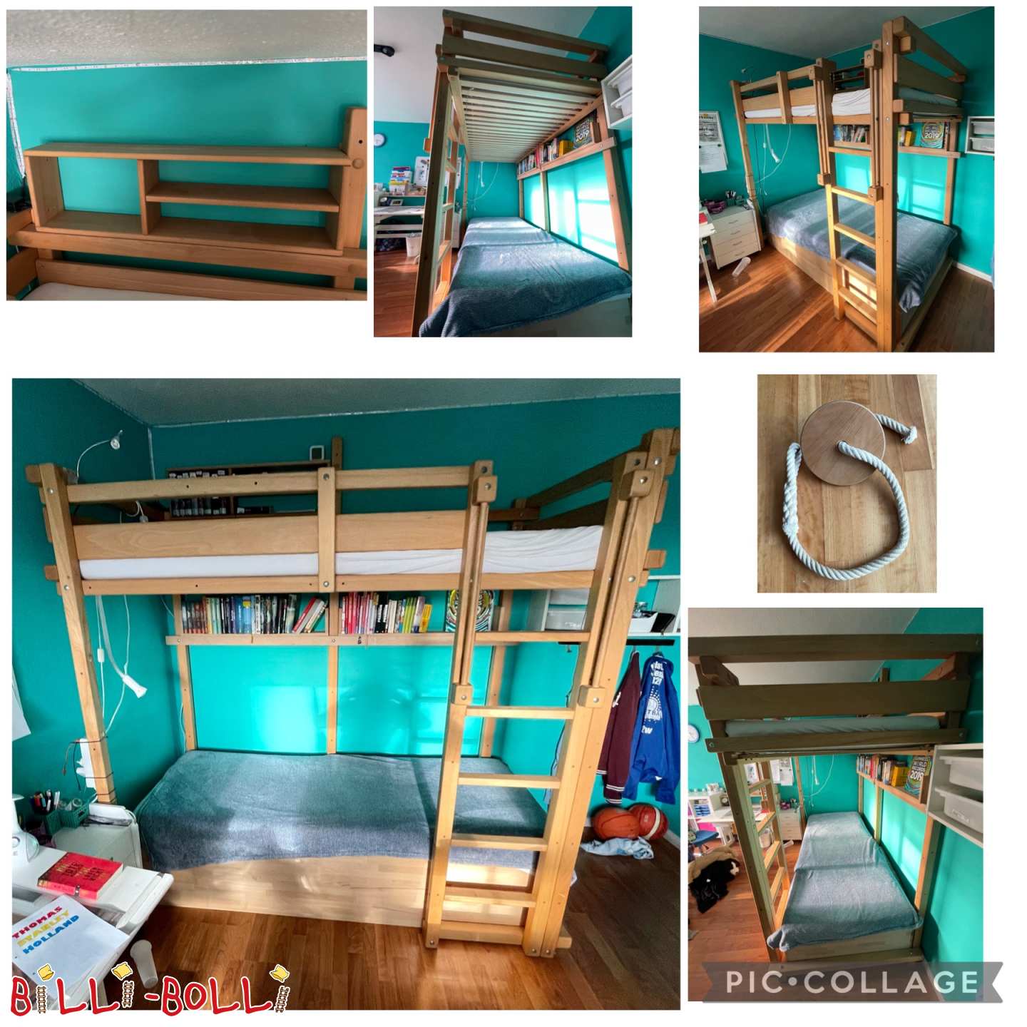 Growing loft bed 100x200 with climbing rope, swing point, shelf (Category: Loft Bed Adjustable by Age pre-owned)