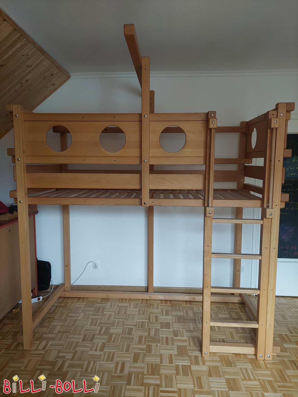 Cama alta 90×200, 2016, haya aceitada, con tablas de amarre (Categoría: Cama alta ajustable a la edad de segunda mano)