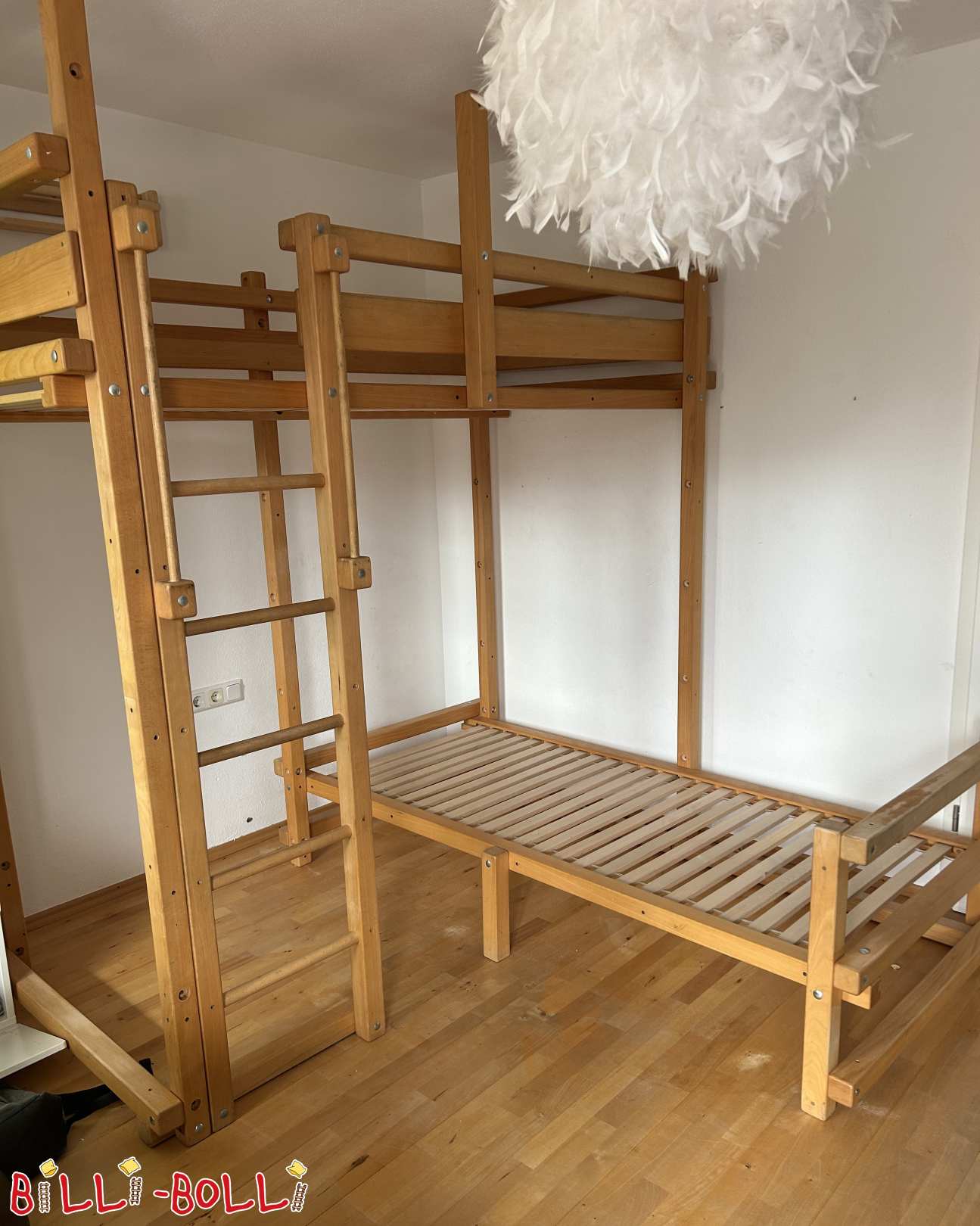 Growing loft bed, beech + conversion set over corner, climbing wall + extras (Category: Corner Bunk Bed pre-owned)