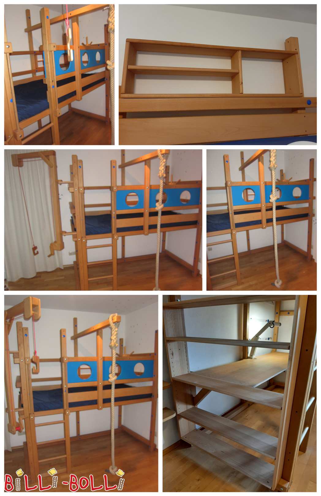 Oiled loft bed beech, many additives and blue portholes (Category: Loft Bed Adjustable by Age pre-owned)