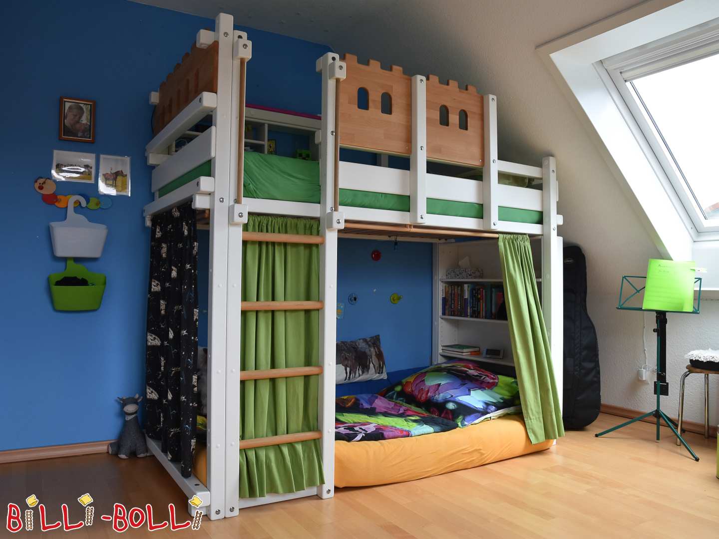 Growing loft bed f. roof slope, theme knight's castle, pine white (Category: Loft Bed Adjustable by Age pre-owned)