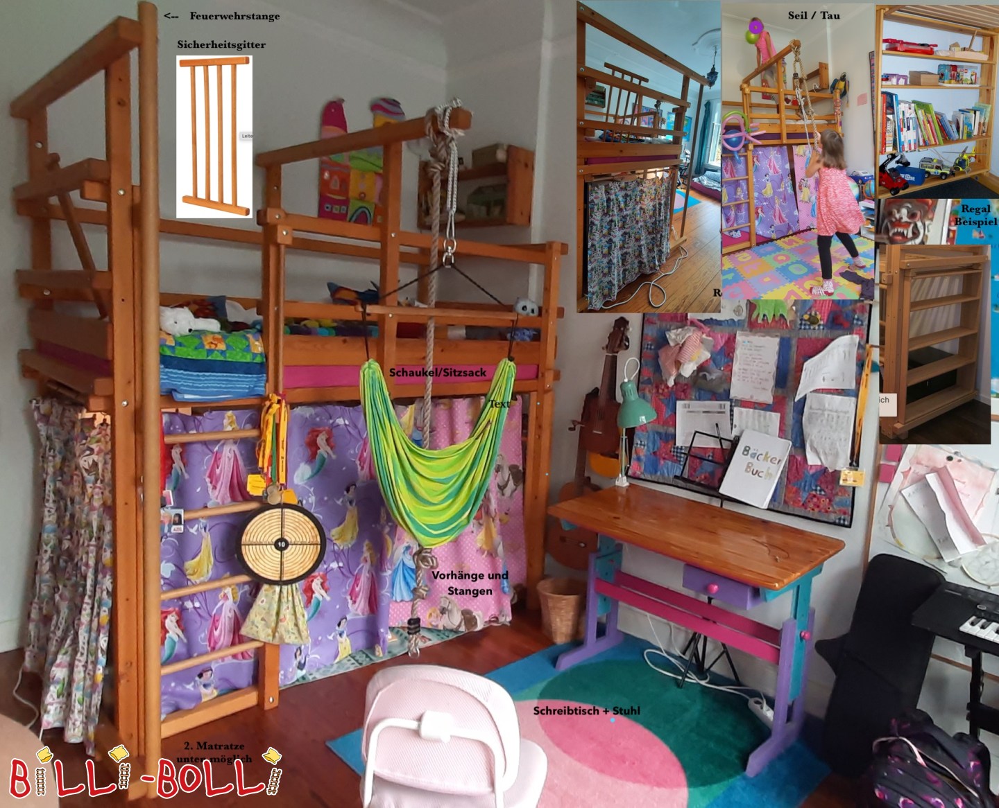 Justéierbar Loftbett mat Feierleiterstiang, Schaukel an Regal zu Hamburg (Kategorie: Loftbett mat Armaufleeën a Leeder, gebraucht)