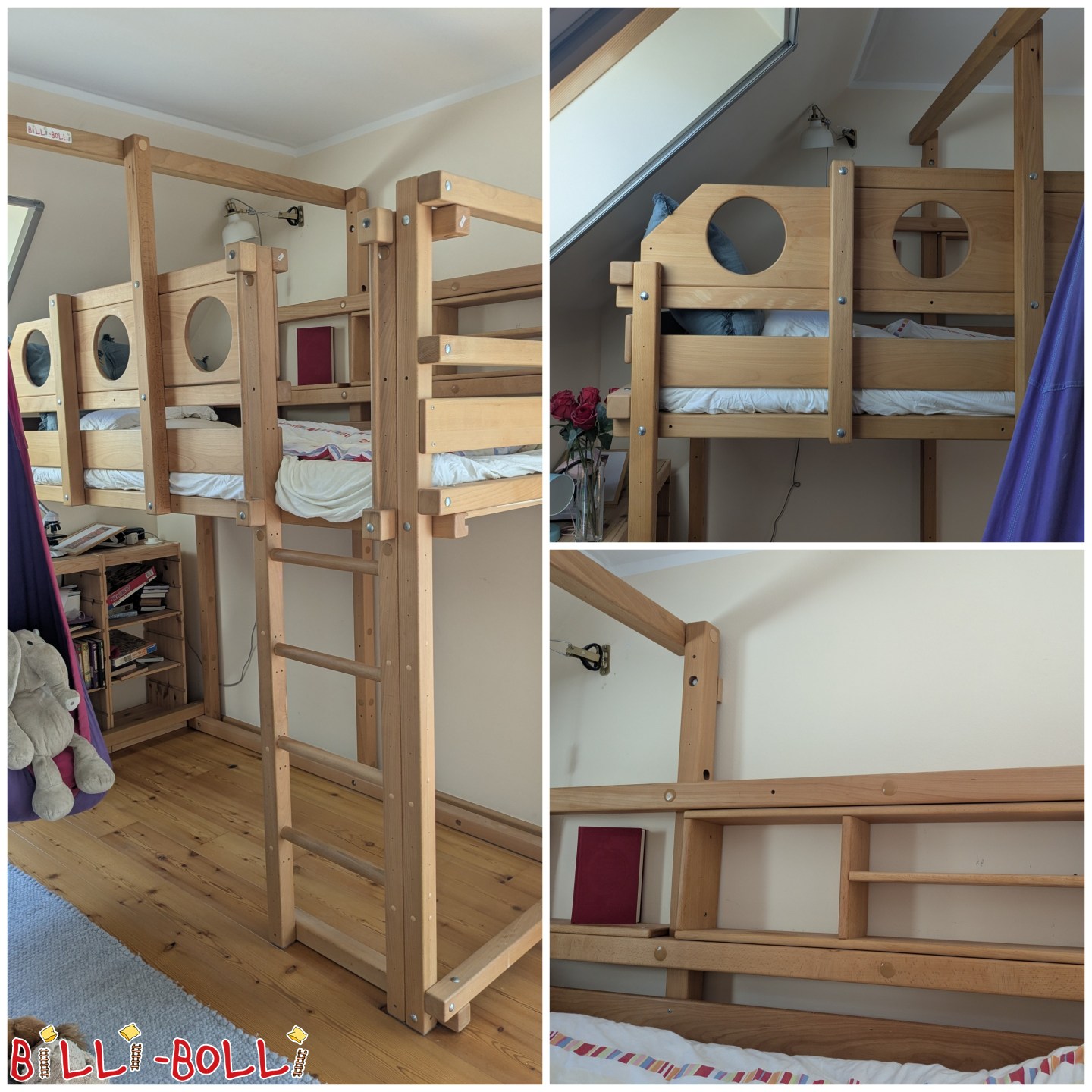 Reklamm 5735: Upassbar Loftbett fir schräge Plafongen, aus geöltem a gewaxtem Bësch Upassbar Loftbett fir schräge Plafongen, aus geöltem a gewaxtem Bësch (Kategorie: Loftbett mat Armaufleeën a Leeder, gebraucht)