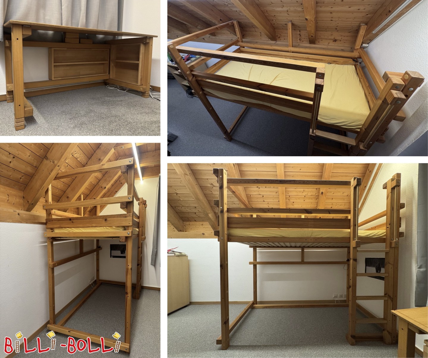 Astellbar Loftbett (geölt Fichte) an Dësch (Buche) (Kategorie: Loftbett mat Armaufleeën a Leeder, gebraucht)