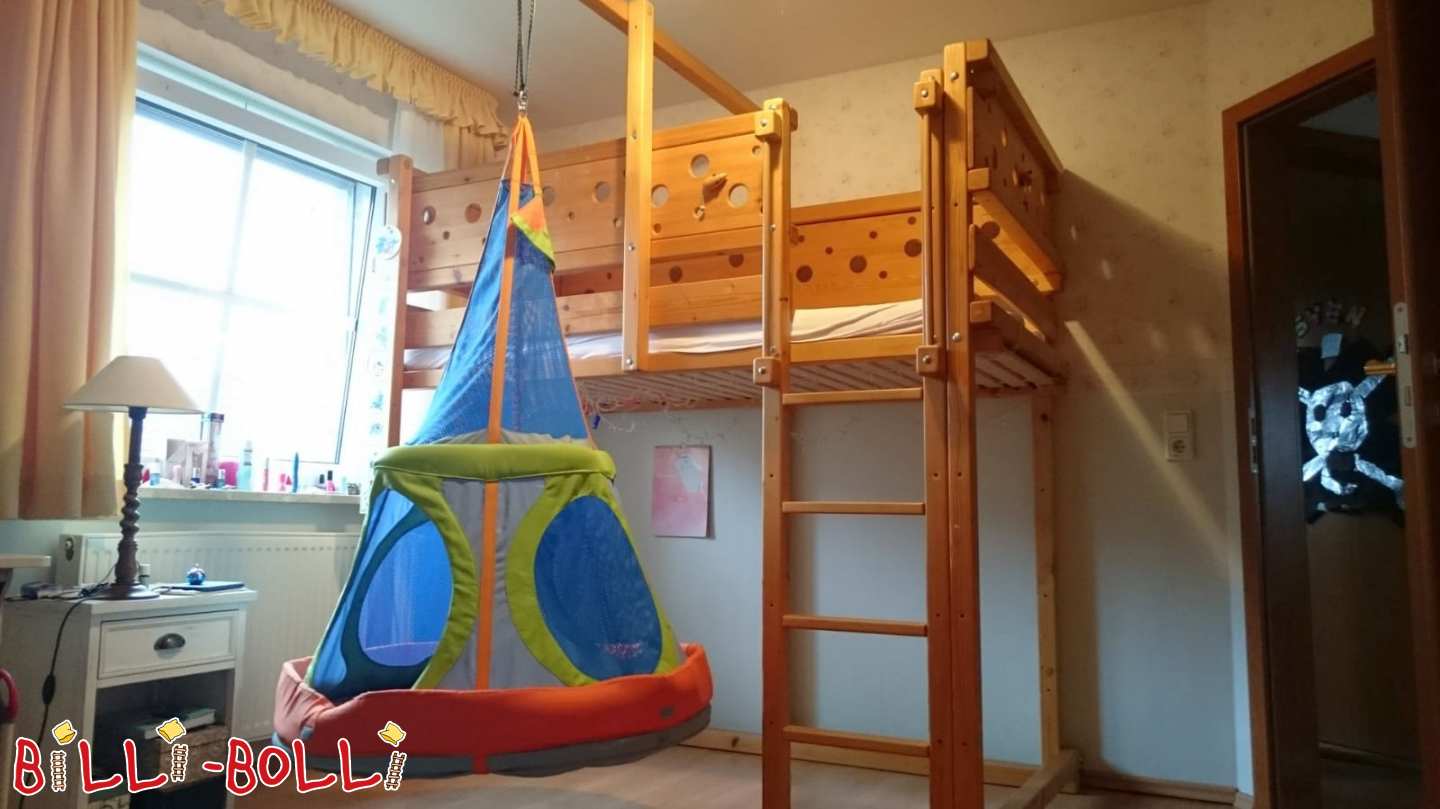 Loft bed that grows with the child (mattress size: 100x200 cm), spruce, oiled (Category: second hand loft bed)