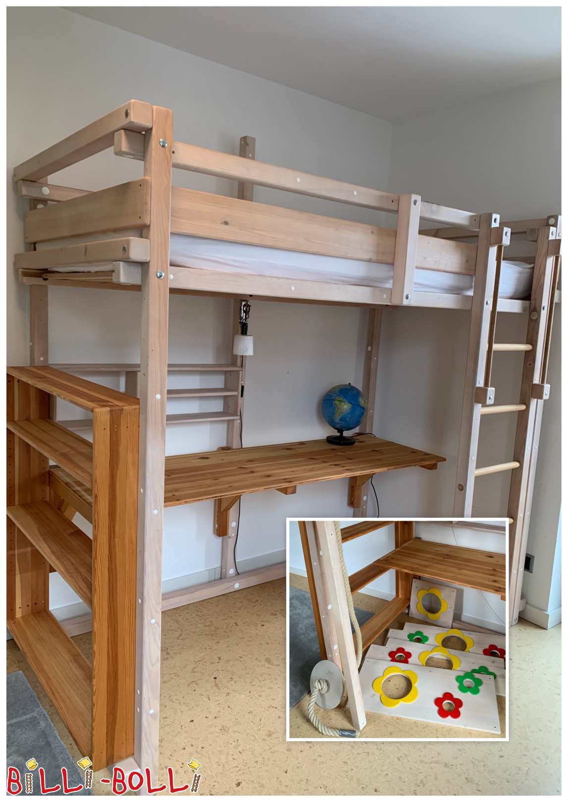 Cama alta extensible con paneis de temática floral en piñeiro esmaltado en branco (Categoría: cama alta que medra co teu fillo usada)