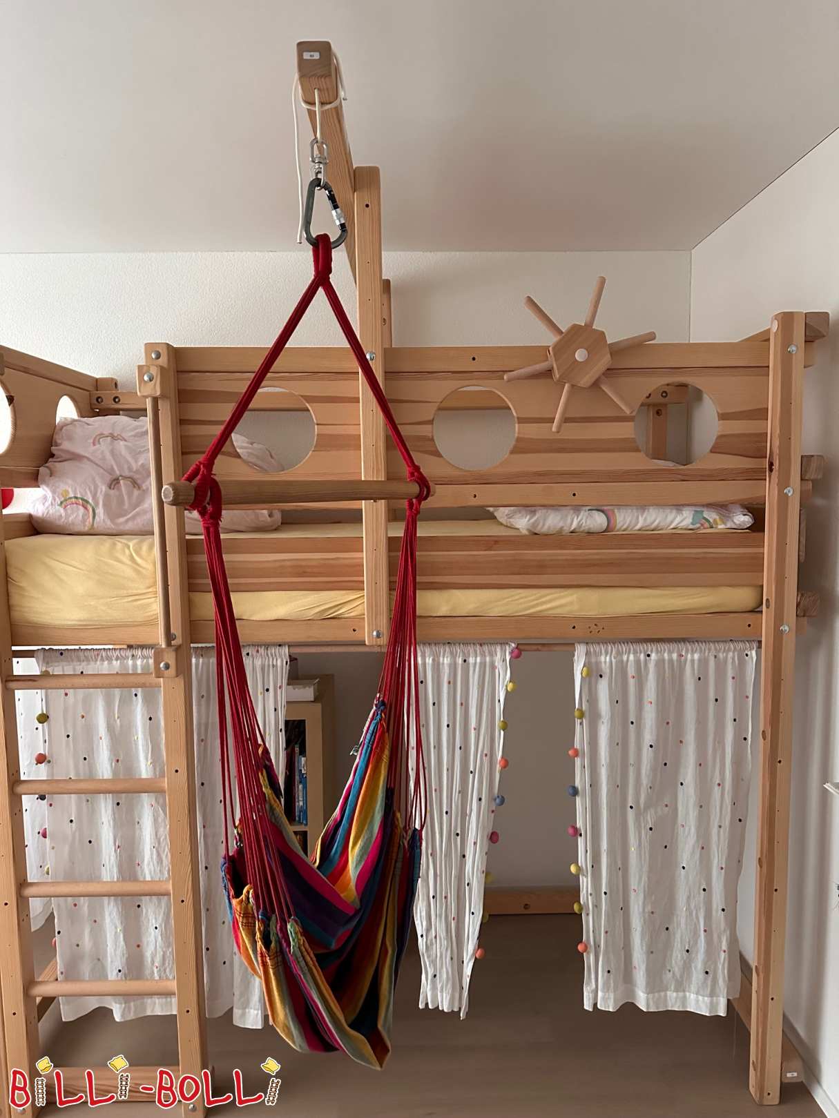 Loft bed that grows with the child with porthole themed boards, pine untreated (Category: Loft Bed Adjustable by Age pre-owned)