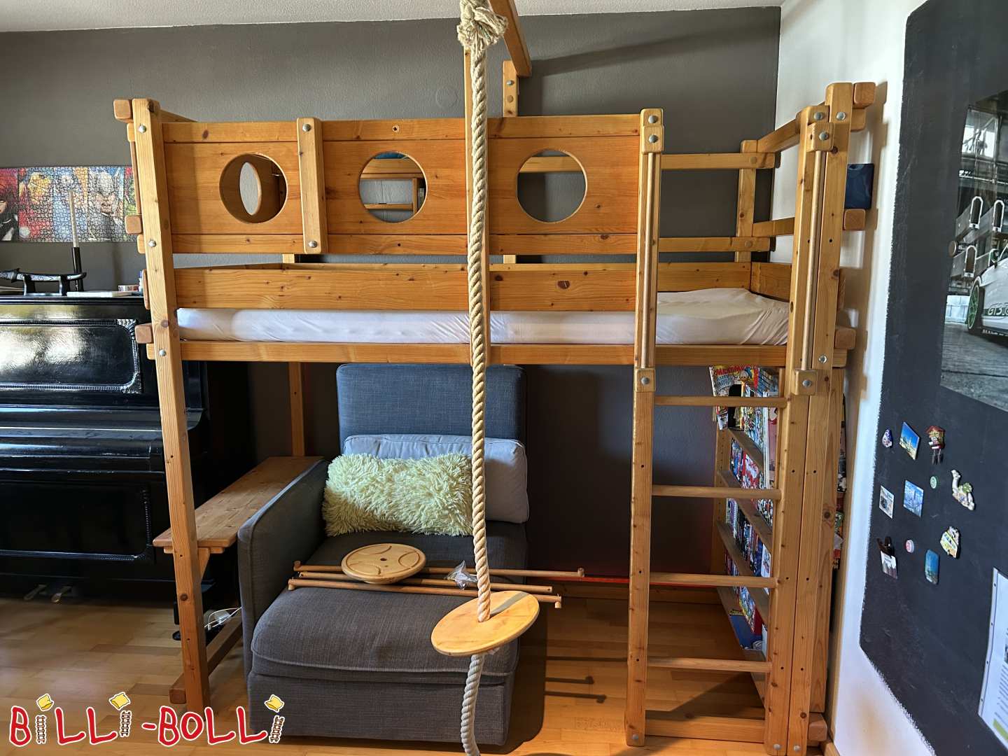 Loft bed that grows with the child with porthole themed boards in spruce (Category: Loft Bed Adjustable by Age pre-owned)