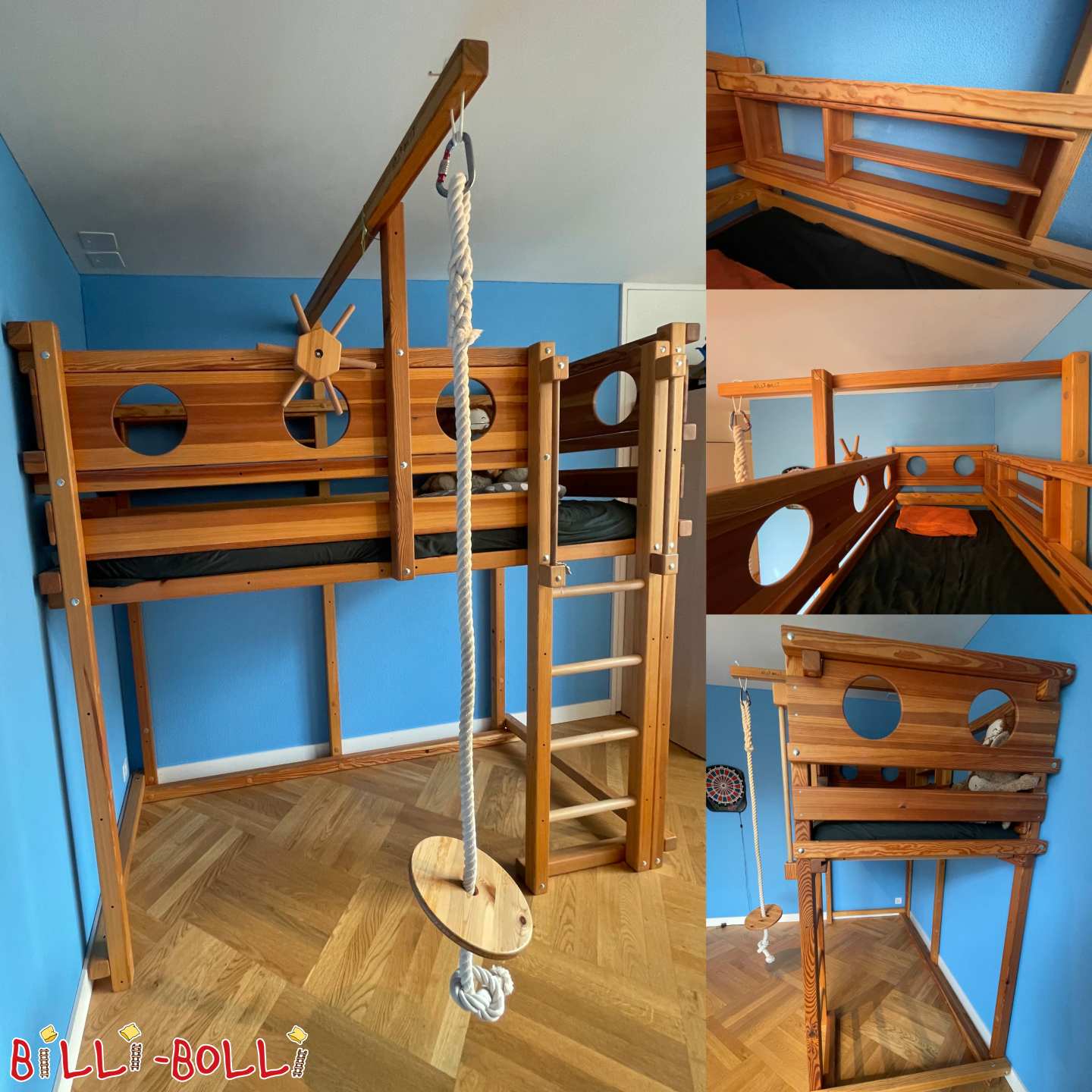 Cama alta ajustável com painéis redondos, baloiço e saco de boxe (Categoria: Cama alta que cresce com a criança usada)