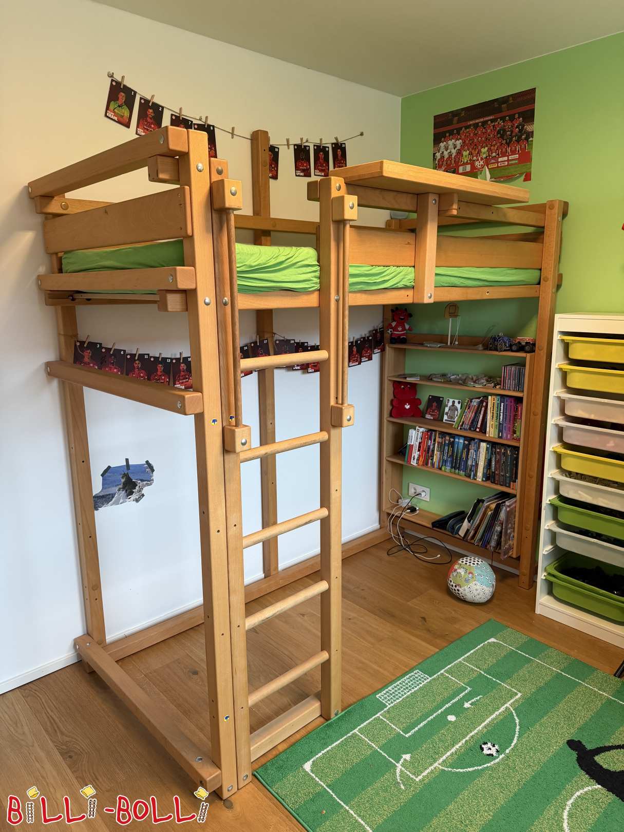 Erweiderbar Loftbett mat Accessoiren aus geöltem a gewaxtem Bësch (Kategorie: Loftbett mat Armaufleeën a Leeder, gebraucht)