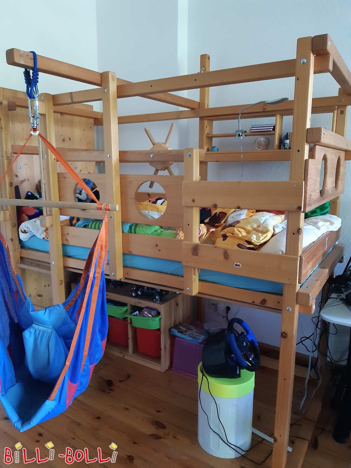 Growing loft bed with climbing wall and slide, spruce oiled (Category: Loft Bed Adjustable by Age pre-owned)