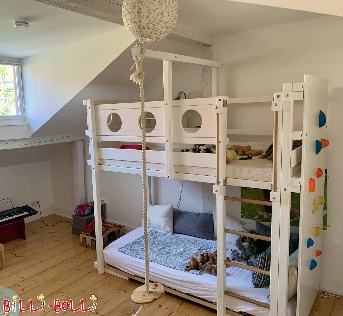 High bed that grows with the child with climbing wall and swinging rope, painted white (Category: Loft Bed Adjustable by Age pre-owned)
