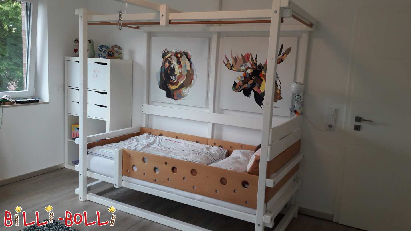 Rostoucí loftová postel s deskami s motivem myší z bíle lakovaného buku (Kategorie: Podkrovní postel roste s dítětem použité)