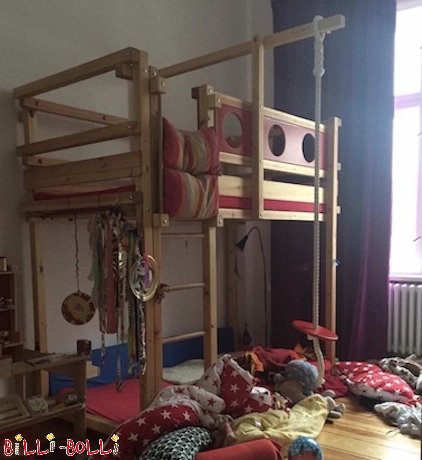 Growing loft bed with red bunk boards and swing in Berlin (Category: Loft Bed Adjustable by Age pre-owned)