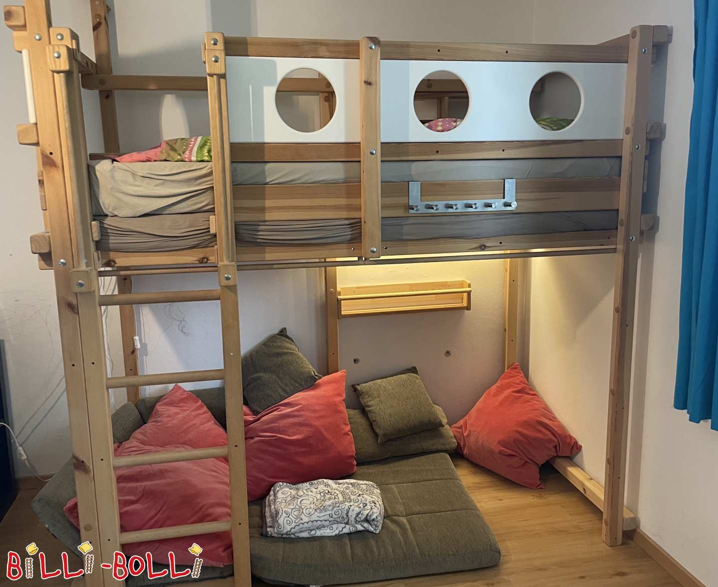 Loft bed that grows with the child with white portholes and slide (Category: Loft Bed Adjustable by Age pre-owned)