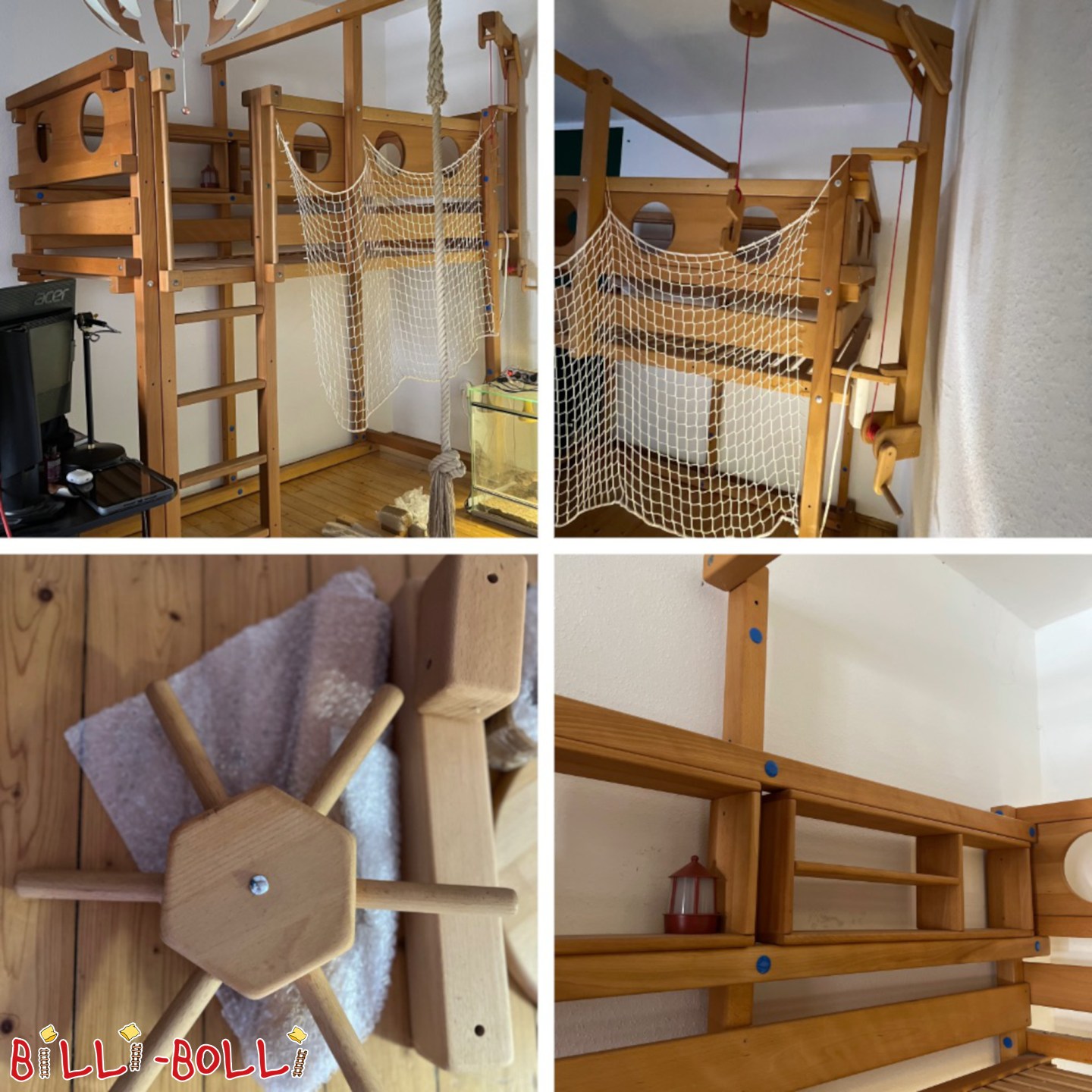 Justéierbar Piraten-Loftbett, Buche mat Ueleg-Wachs-Finish, 90x200 (Kategorie: Loftbett mat Armaufleeën a Leeder, gebraucht)