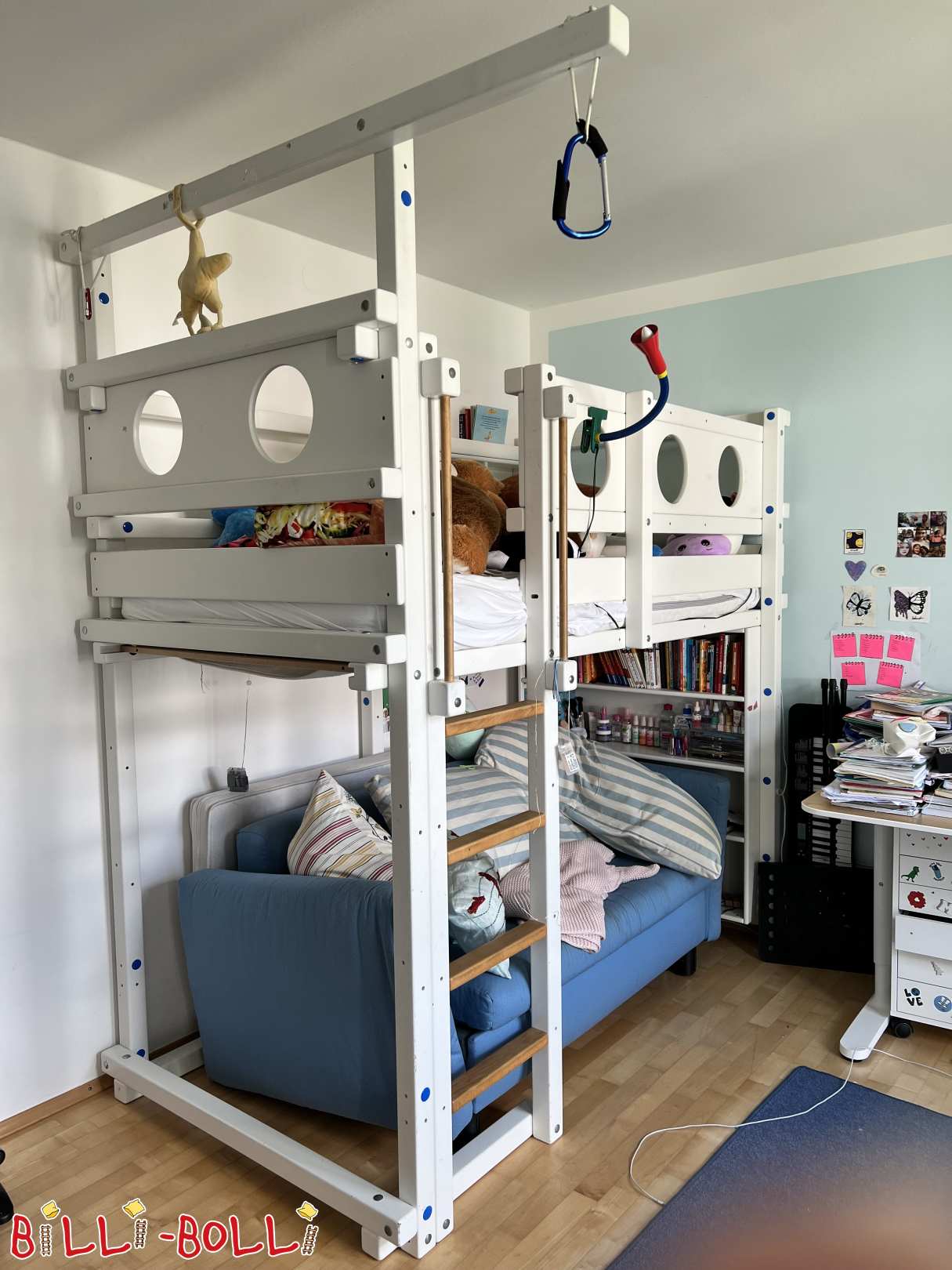 Growing loft bed, white lacquered beech, with portholes and shelf (Category: Loft Bed Adjustable by Age pre-owned)