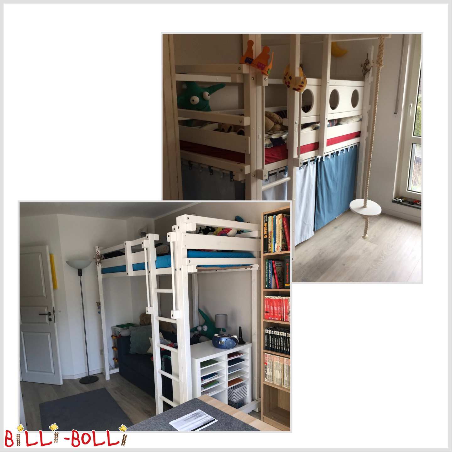Growing loft bed, white glazed, plate swing and portholes (Category: Loft Bed Adjustable by Age pre-owned)