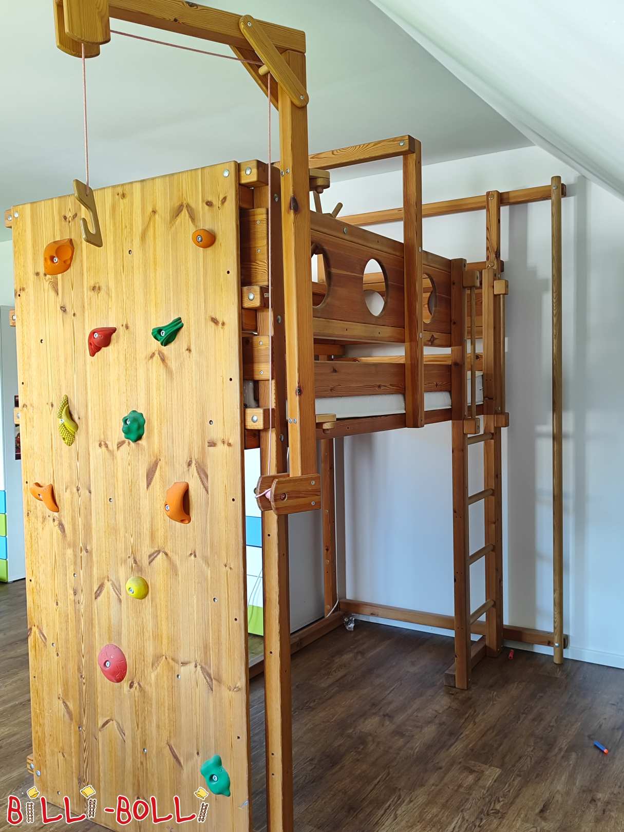 Loft bed that grows with the child + steering wheel, rocking plate, climbing wall and more (Category: Loft Bed Adjustable by Age pre-owned)