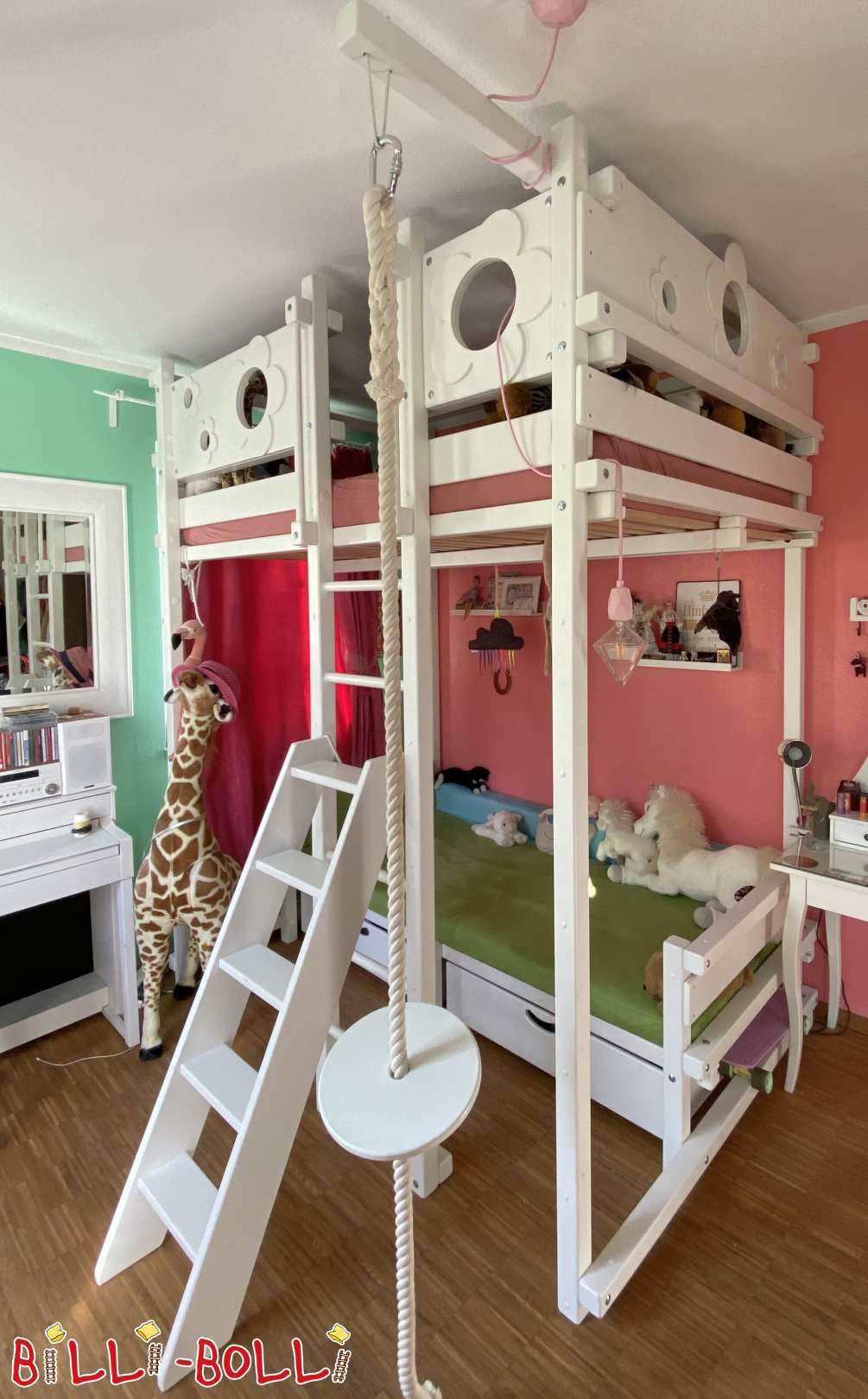 Bunk loft bed in 140 x 200 cm and 90 x 200 cm made of beech (Category: second hand loft bed)