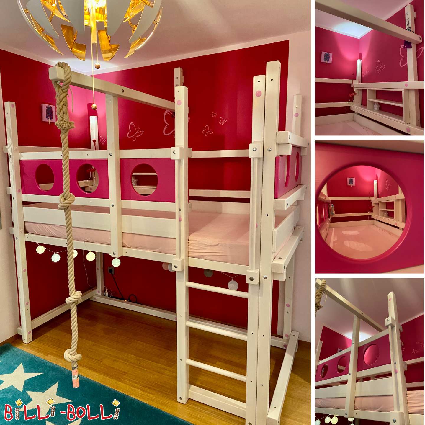 Growing loft bed, pine white glazed, 90x200 with accessories (NRW) (Category: Loft Bed Adjustable by Age pre-owned)