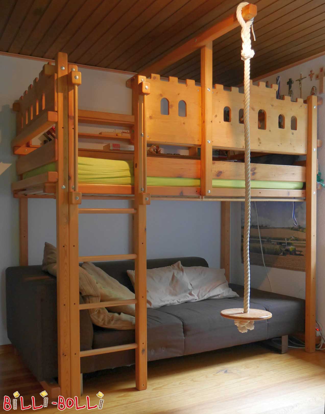 Knight's castle loft bed growing with the child, 100 x 200 cm in pine honey (Category: second hand loft bed)