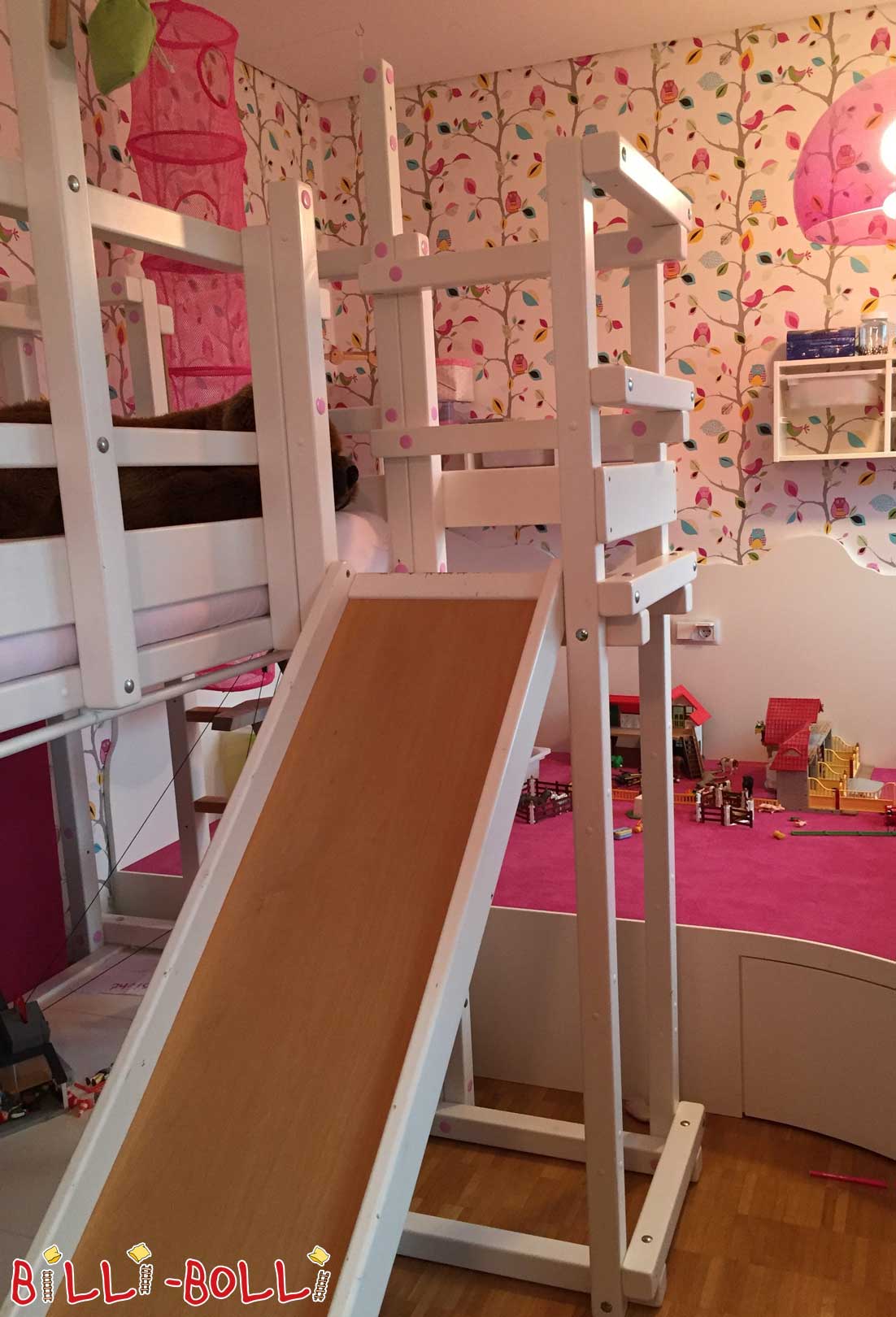 Torre tobogán con tobogán, pino pintado de blanco (Categoría: tobogán para cama alta)