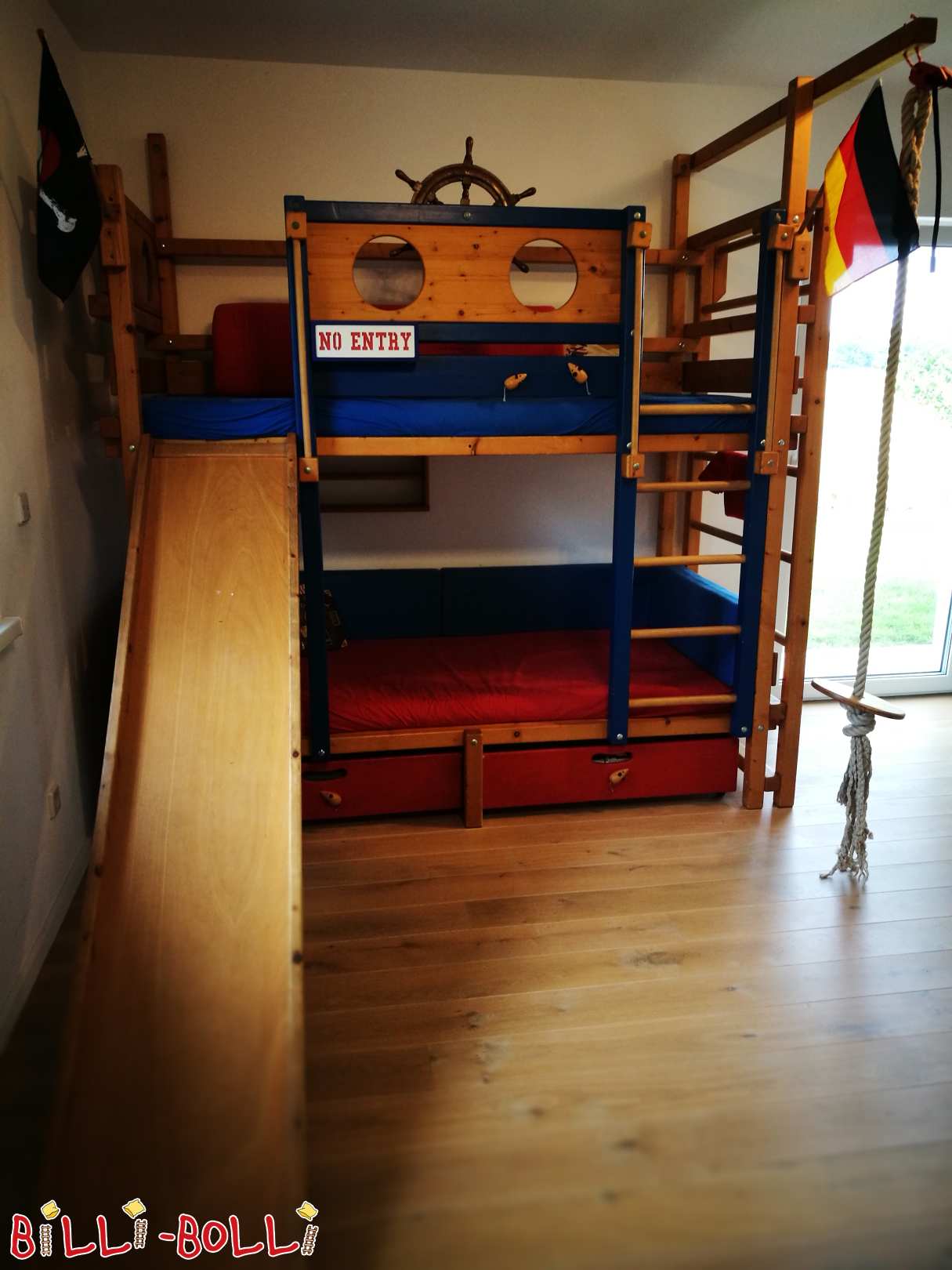 Custom-made bunk bed 90x200 spruce, slide, wall bars and much more. (Category: Bunk Bed pre-owned)