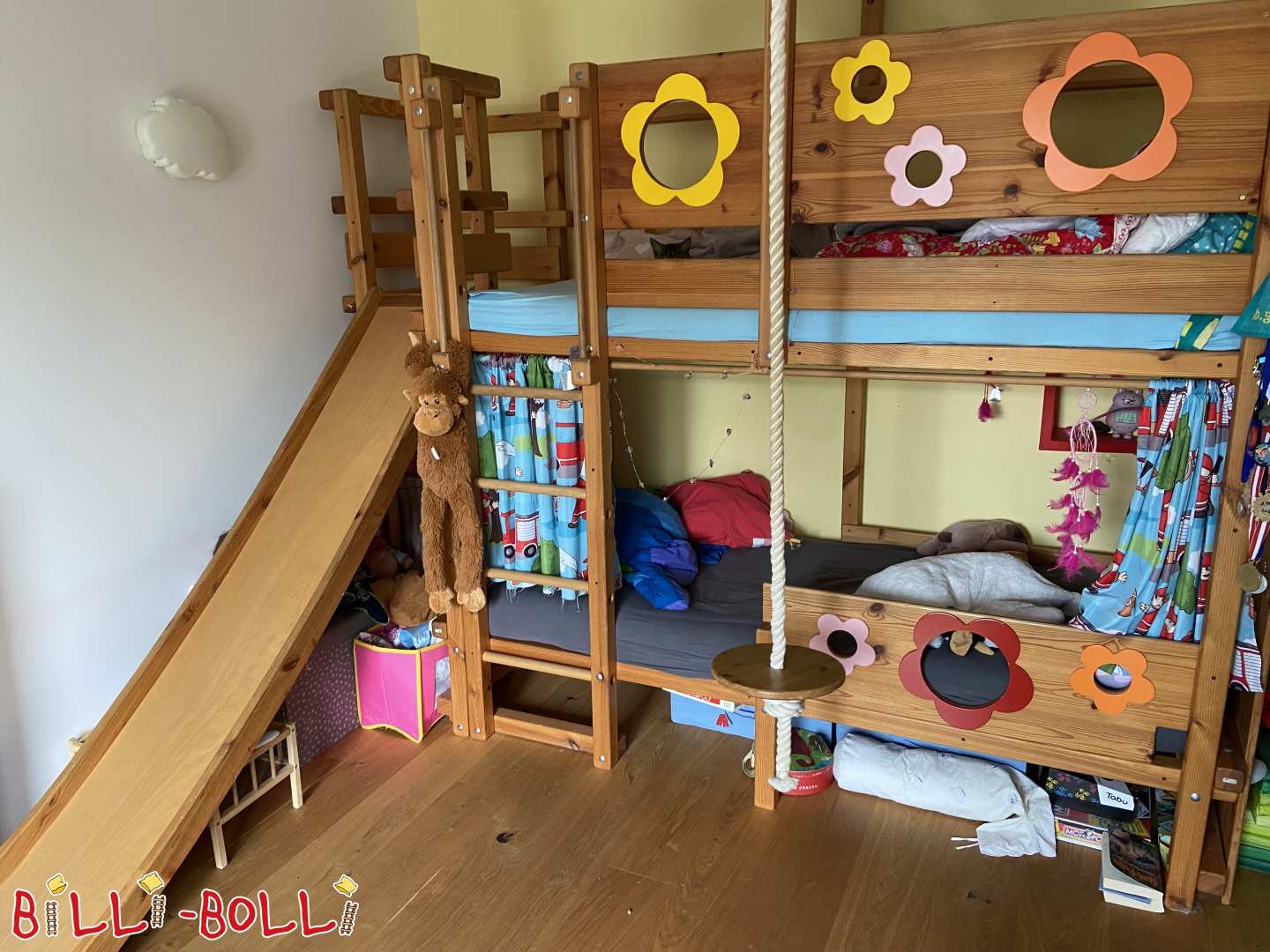 Dviaukštė lova su čiuožykla ir laipiojimo sienele, pušis (Kategorija: Jaunimo palėpės lova used)