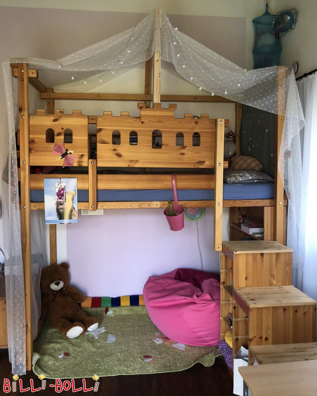 Student loft bed with knight's castle, oiled pine (Category: second hand loft bed)