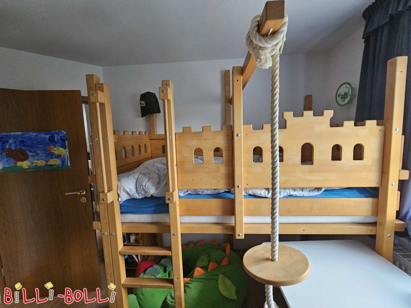Cama alta que crece con el niño, 90x190, cera de aceite de haya, cama castillo de caballero (Varel) (Categoría: Cama alta ajustable a la edad de segunda mano)